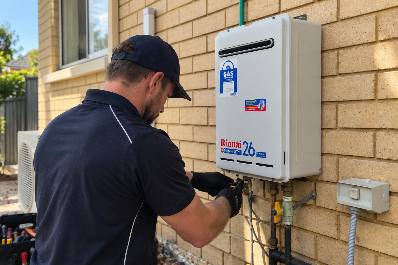 Plumber installing a gas hot water system on an exterior wall